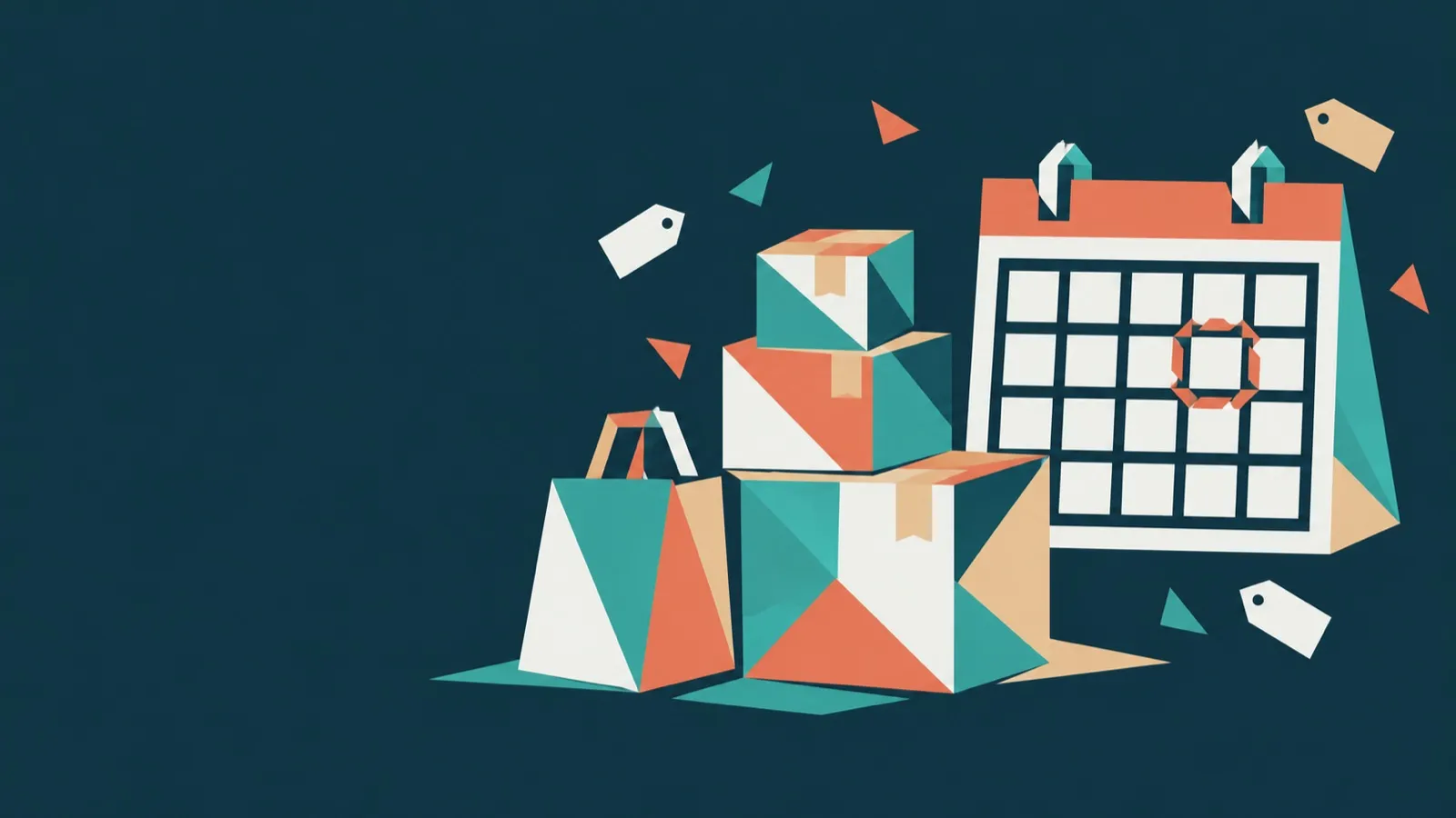 Shipping boxes, a shopping bag and a calendar with one day circled, drawn in flat geometric shapes