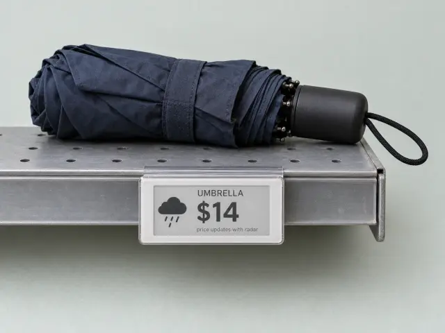 An e-ink shelf tag under a folded umbrella, showing a rain cloud and a price of 14 dollars that updates with the radar.